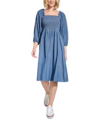 Tommy Hilfiger Women's Chambray Smocked Midi Dress