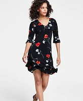 CeCe Women's Floral V-Neck Ruffle Hem Knit Shift Dress