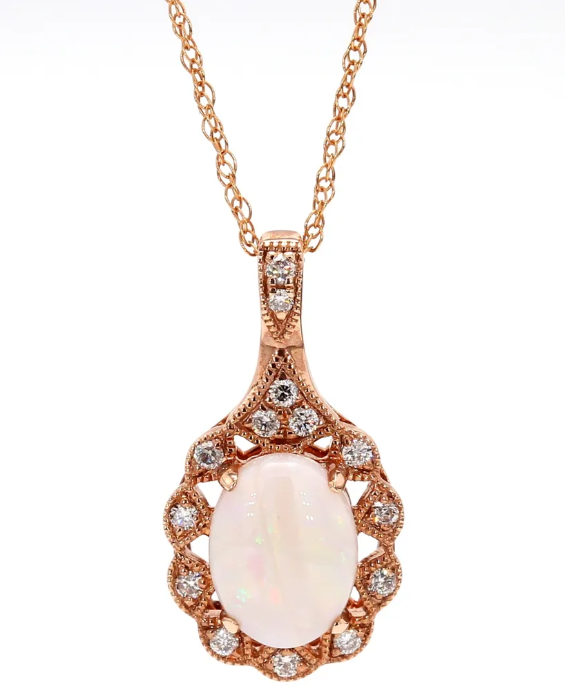 Opal (3/4 ct. t.w.) & Diamond (1/10 ct. t.w.) Halo 18" Pendant Necklace in 10k Rose Gold