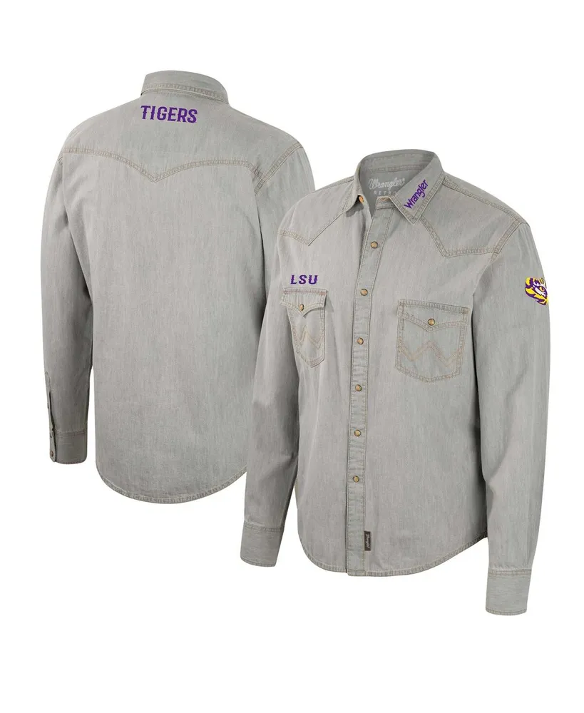 Men's Colosseum x Wrangler Gray Lsu Tigers Cowboy Cut Western Full-Snap Long Sleeve Shirt