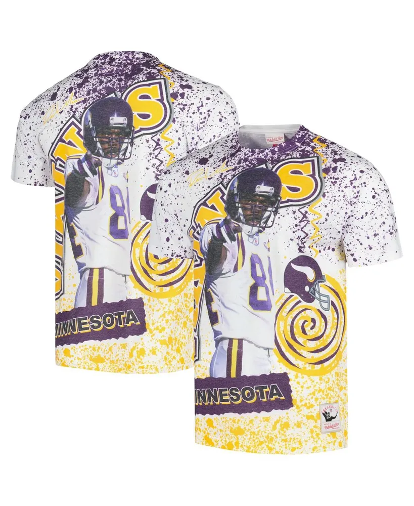 Men's Mitchell & Ness Randy Moss White Minnesota Vikings Retired Player Name and Number Burst T-shirt