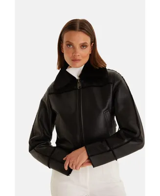 Women Genuine Shearling Jacket, Silky Black Inner Black Wool