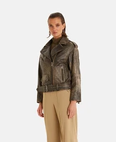 Furniq Uk Women's Genuine Leather Belted Biker Jacket