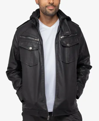 X-Ray Men's Grainy Polyurethane Hooded Jacket with Faux Shearling Lining