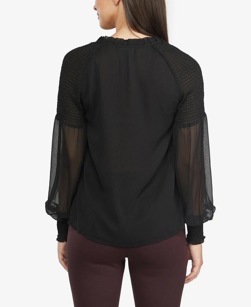 Ellen Tracy Womens Balloon Sleeve Blouse with Smocked Detail