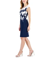 Connected Petite Printed Cap-Sleeve Belted Sheath Dress