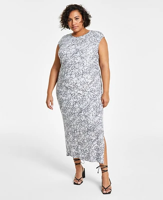 Bar Iii Trendy Plus Printed Sleeveless Ruched-Side Midi Dress, Created for Macy's