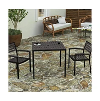 Merrick Lane Faux Teak Outdoor Dining Table With Powder Coated Steel Frame And Umbrella Hole