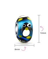 Bling Jewelry Christmas Holiday Cartoon Animal Blue Penguin Charm Bead Fits European Charm Bracelet For Women For Murano Glass Sterling Silver Core Sp