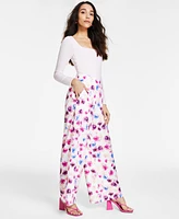 Bar Iii Women's Printed High Rise Pull-On Wide-Leg Pants, Created for Macy's