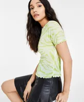 Bar Iii Women's Printed Mesh Lettuce-Edged T-Shirt, Created for Macy's