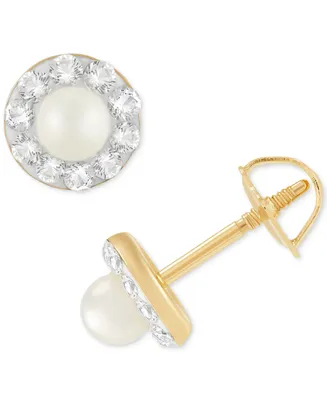 Children's Cultured Freshwater Pearl (3mm) and Crystal Stud Earrings in 14k Gold