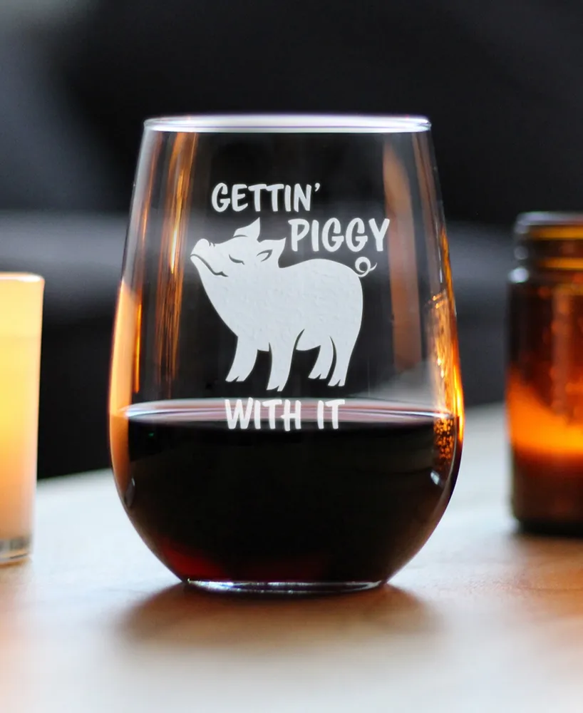 Bevvee Gettin' Piggy Funny Pig Gifts Stem Less Wine Glass, 17 oz