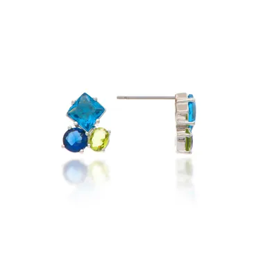 Rhodium Three Stone Cluster London Blue + Peridot + Sapphire Crystal Earrings