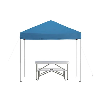 Portable Tailgate, Camping Or Event Set With White Pop Up Event Canopy Tent With Carry Bag And Folding Table With Benches Set