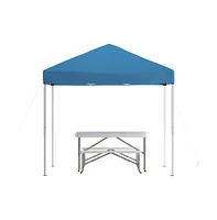 Portable Tailgate, Camping Or Event Set With White Pop Up Event Canopy Tent With Carry Bag And Folding Table With Benches Set