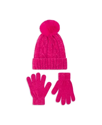 Laundry by Shelli Segal Women's Chenille Cable Beanie with Faux Pom and Glove Set