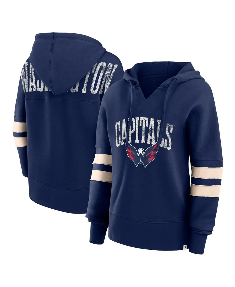 Women's Fanatics Navy Distressed Washington Capitals Bold Move Dolman V-Neck Pullover Hoodie