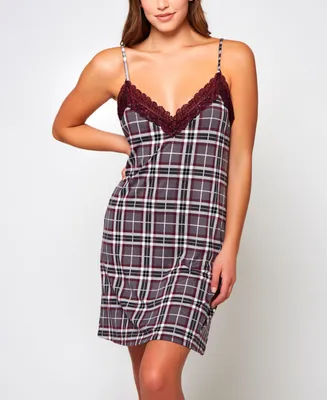 iCollection Women's Cozy Modal Plaid Trimmed Elegant Lace 1 Pc Nightgown