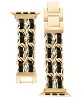 Steve Madden Women's Gold-Tone Alloy Double Chain and Black Faux Leather Bracelet Compatible with 42/44/45/Ultra/Ultra 2 Apple Watch - Gold