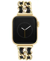 Steve Madden Women's Gold-Tone Alloy Double Chain and Black Faux Leather Bracelet Compatible with 38/40/41mm Apple Watch