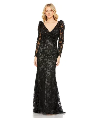 Women's Embroidered Lace Puff Sleeve Wrap Over Gown