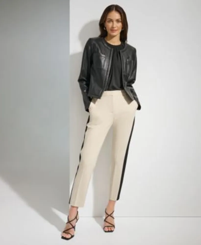 Dkny Jeans Womens Textured Bomber Jacket Ruched Front V Neck Top Faux  Leather Flare Leg Pants