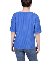 Ny Collection Petite Short Sleeve Honeycomb Textured Grommet Top