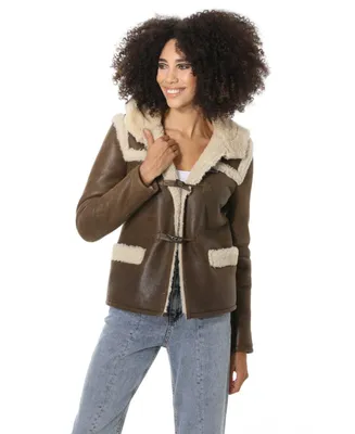 Furniq Uk Women's Hoody Shearling Jacket, Vintage -like Nut with Beige Curly Wool