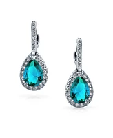 Bling Jewelry 7CT Style Halo Aqua Cubic Zirconia Cz Formal Huggie Snap Hinge Dangle Drop Teardrop Earrings smaid Rhodium Plated