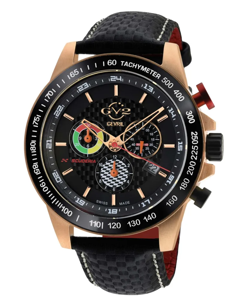 GV2 by Gevril Men's Scuderia Black Italian Leather Watch 45mm