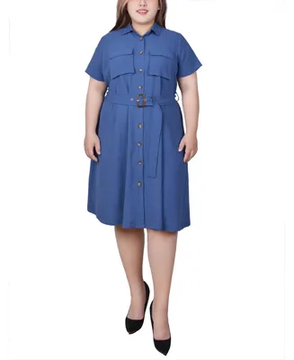Ny Collection Plus Short Sleeve Belted Shirt Dress