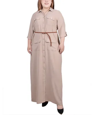 Ny Collection Plus 3/4 Sleeve Safari Style Belted Shirt Dress