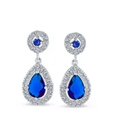 Bling Jewelry Fashion Blue Cz Halo Teardrop Drop Earrings For Women For Prom Royal Blue Cubic Zirconia Rhodium Plated Brass