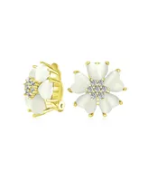 Romantic Heart-Shaped Petals White Flower Cats Eye Cz Accent Button-Style Quartz Clip On Earrings for Women in Gold Plated