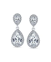 Bling Jewelry Pave Halo Dangle Teardrop Cubic Zirconia Aaa Cz Drop Earrings For Women Rhodium Plated Brass