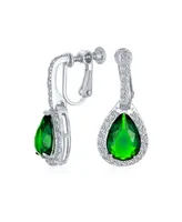 Bling Jewelry 7CT Style Halo Simulated Green Emerald Cubic Zirconia Cz Dangle Drop Teardrop Screw Back Clip On Earrings Prom Bridesmaid Wedding Rhodiu