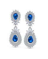 Bling Jewelry Fashion Art Deco Style Teardrop Shaped Halo Aaa Cubic Zirconia Clear Royal Blue Statement Elegant Chandelier Clip On Earrings Prom