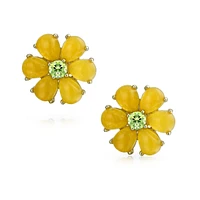 Bling Jewelry Lemon Yellow Dyed Quartz Garden Flower Stud Earrings: Button-Style with Green Cz Non-Pierced For Women - 14K Gold