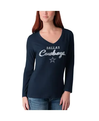 Women's G-iii 4Her by Carl Banks Navy Distressed Dallas Cowboys Post Season Long Sleeve V-Neck T-shirt