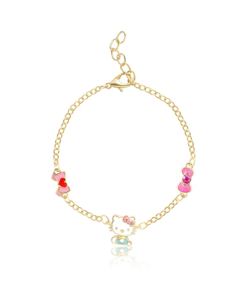 Sanrio Hello Kitty and Friends Womens 18kt Gold Plated Bracelet with Bow Charm Pendants - 6.5 + 1", Officially Licensed