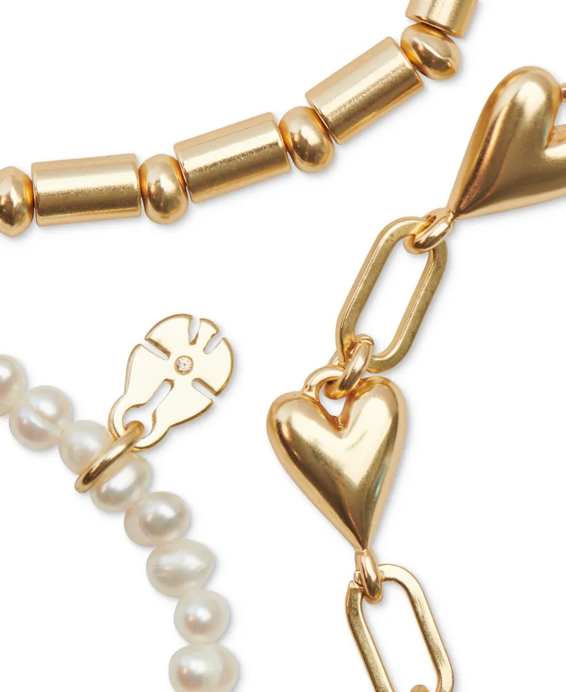 Lucky Brand Gold-Tone 3-Pc. Set Heart Charm Mixed Bead Stretch Bracelets