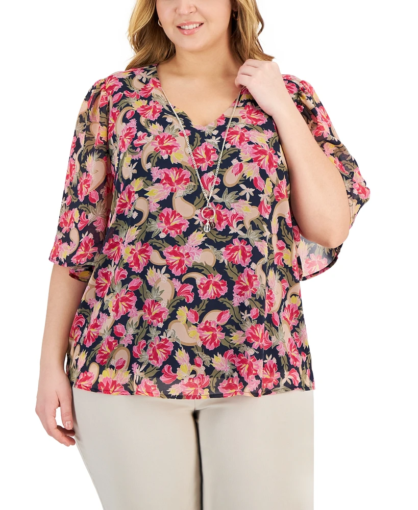 Jm Collection Plus Size Oaklyn Floral-Print Flutter-Sleeve Necklace Top, Created for Macy's