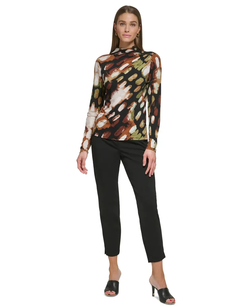 Dkny Petite Printed Mock-Neck Button-Shoulder Top