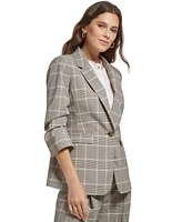 Dkny Petite Plaid Notch-Collar Ruched-Sleeve Jacket