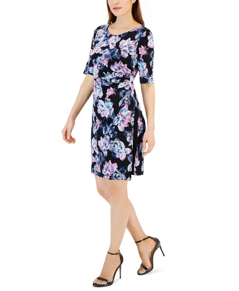 Connected Petite Printed Round-Neck 3/4-Sleeve Sheath Dress