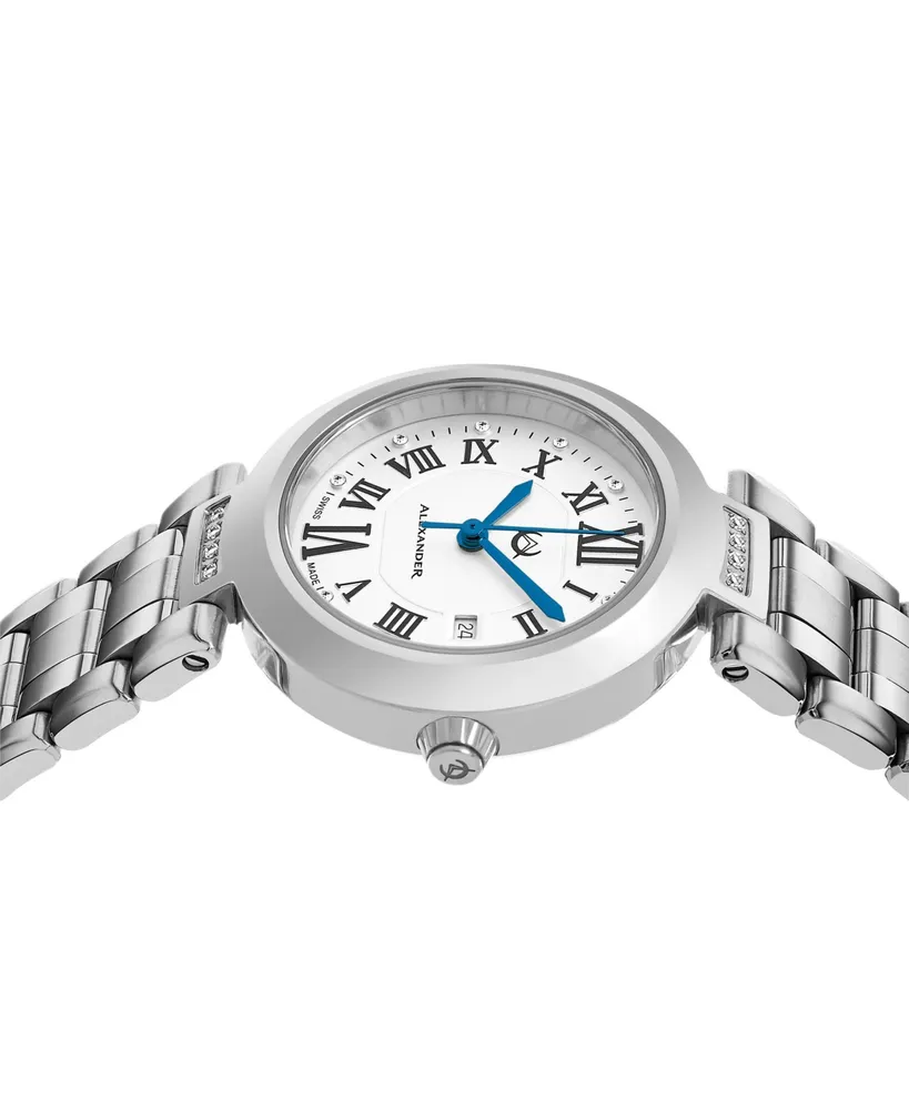 Alexander Ladies Quartz Date Watch with Stainless Steel Case on Stainless Steel Bracelet, Silver Diamond Dial - Silver
