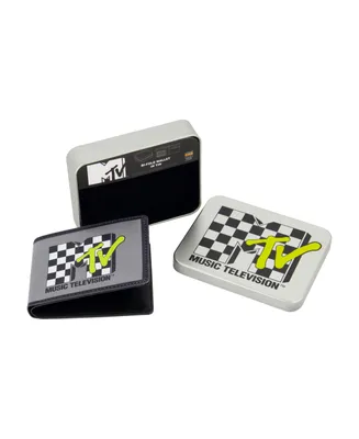 Mtv Men's Logo With Checkerboard Pattern Bifold Wallet, Slim Wallet with Decorative Tin for Men and Women