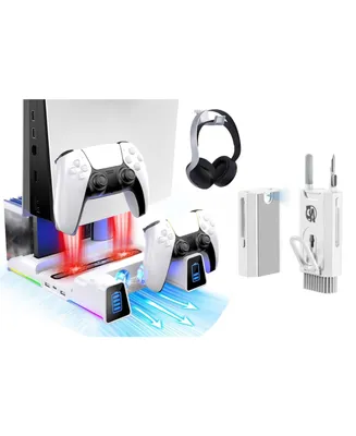 PS5 Silent Cooling Stand with Rgb Led Light, Dual Charging Controller, Hard Drive Slot, Headset and Remote Holders, 10 Game Slots, White With Bolt Axt