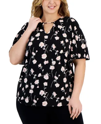 Anne Klein Plus Size Floral-Print Bell-Sleeve Top